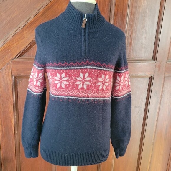 Navy Blue Wool Blend Nordic Sweater With Snowflake Pattern & Zip Collar - Picture 1 of 7